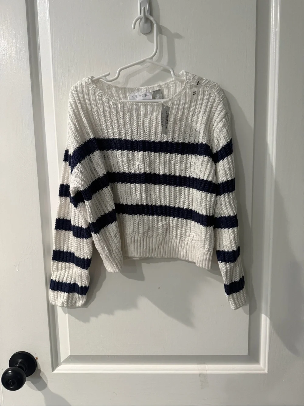 Girls Striped Crewneck Sweater - White & Navy